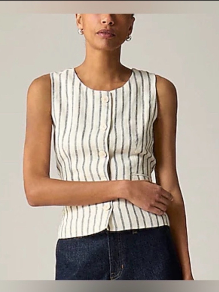 J Crew Striped Linen Vest Nwt Cream & Black Crew Neck Button Front Tie-Back 10